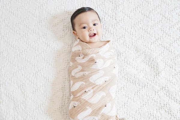 A cute Asian baby being swaddled - Roll Up Baby