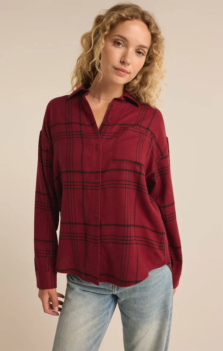 Sale River Plaid Button Up Red Dahlia