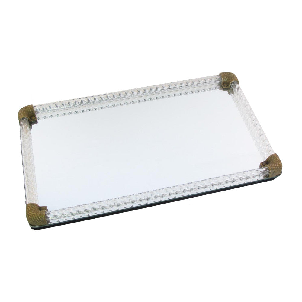 Mid-Century Serving Tray in Acrylic Glass, Brass & Vienna Straw in