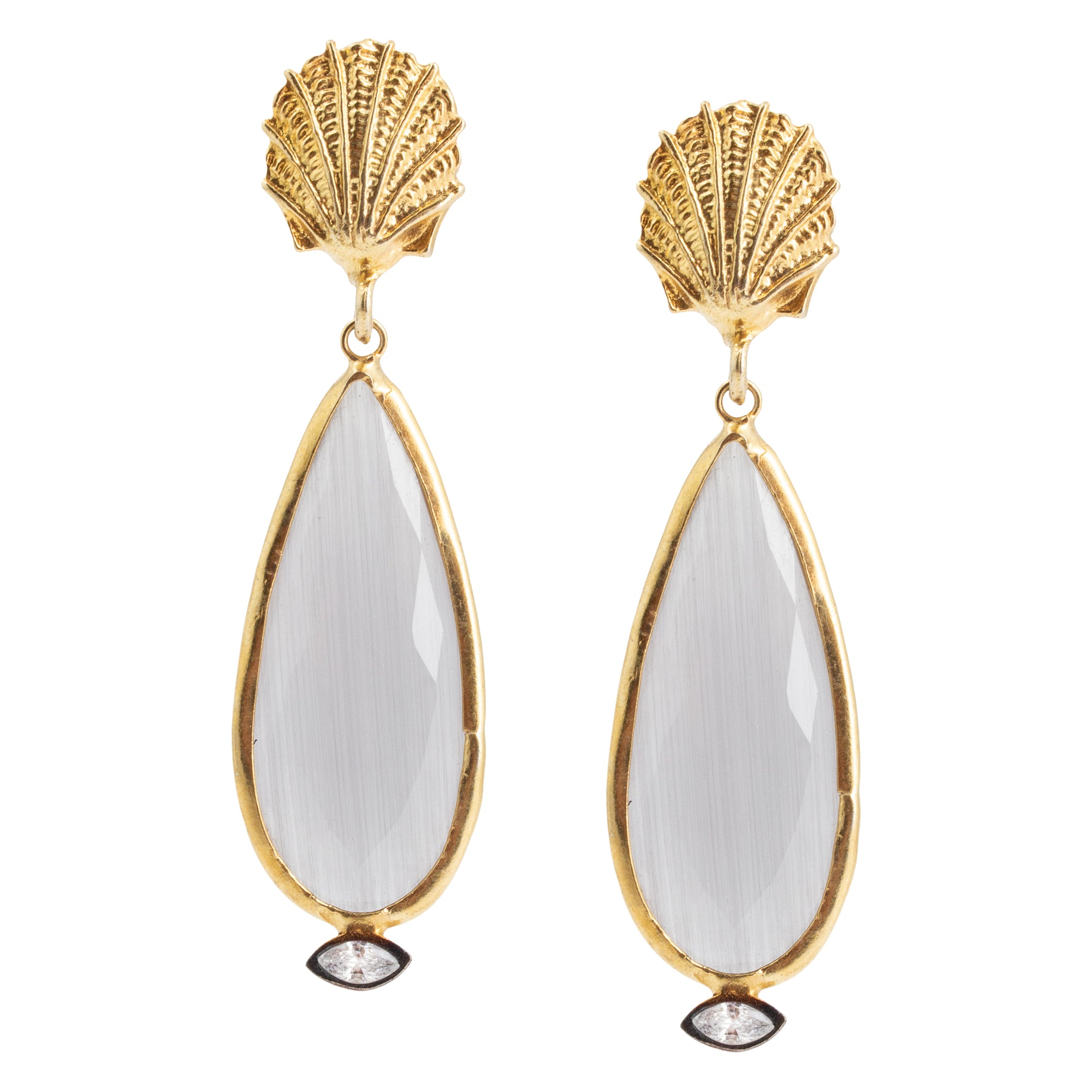 Handcrafted antiqued brass seashell drop earrings, enameled