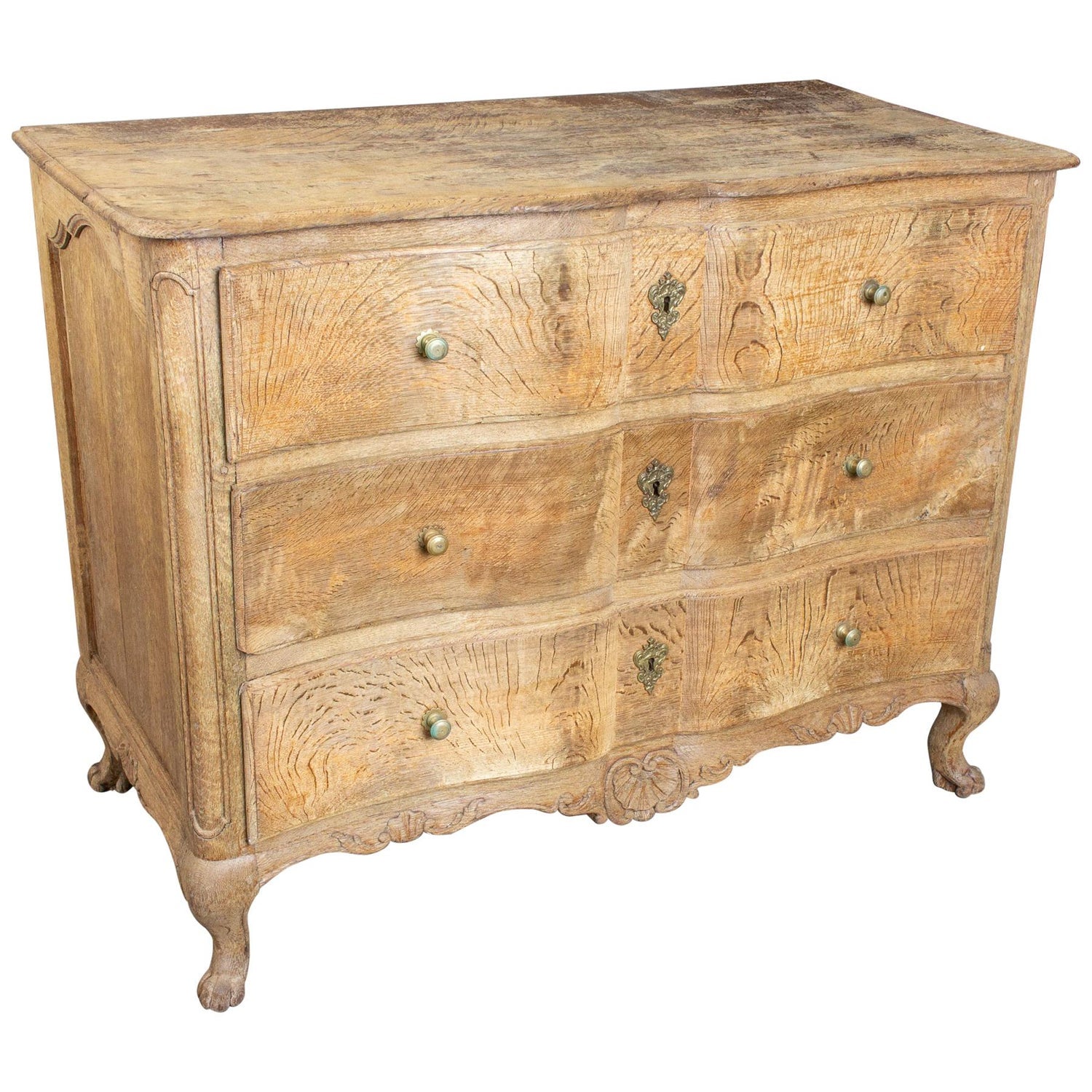 Antique French Stripped Oak Curved-Front Three-Drawer Commode