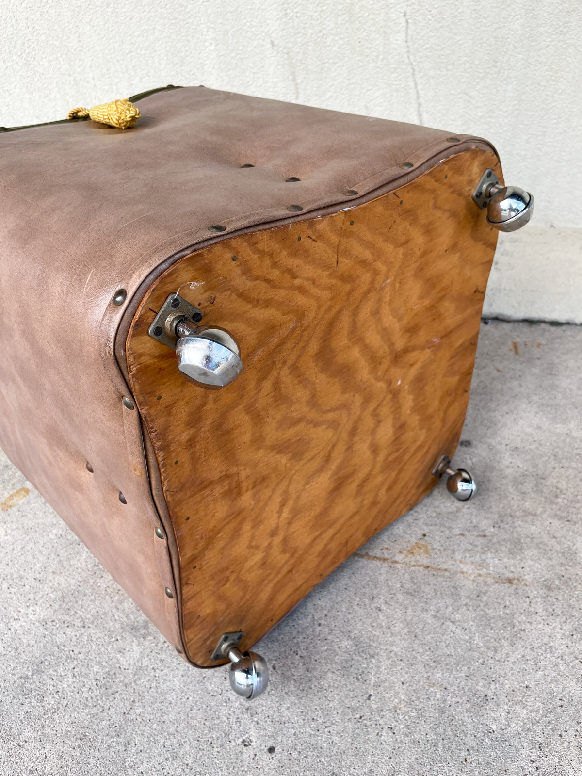 Vintage French Taupe Faux Leather Rolling Ottoman with Storage