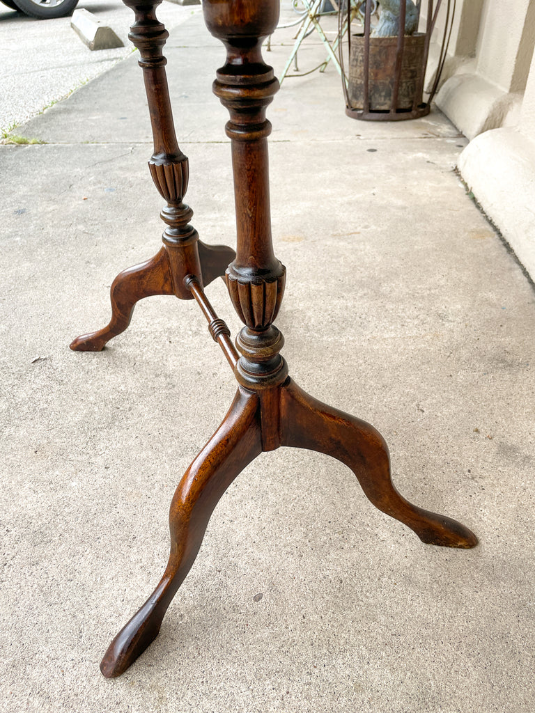 Vintage French Carved Wood Cocktail Table with Embossed Florentine Leather Top