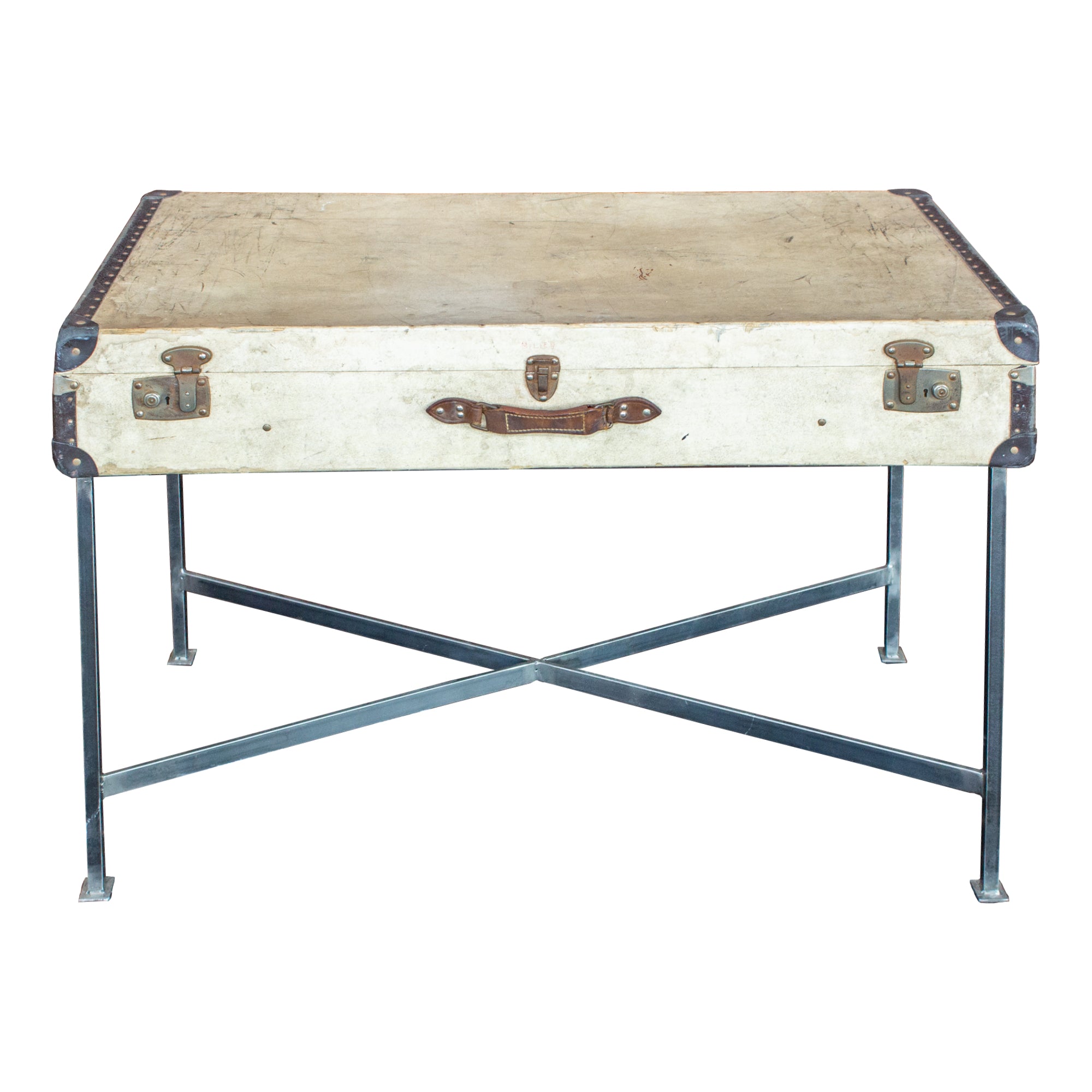 Bar Table Crafted with Vintage French Luggage & Custom Iron Base