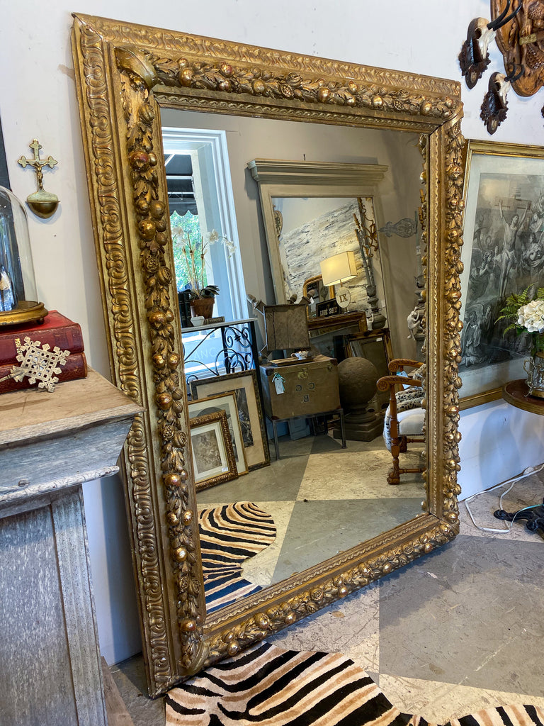 Large Antique French Gilt Floor Mirror with Carved Pomegranate & Leaf