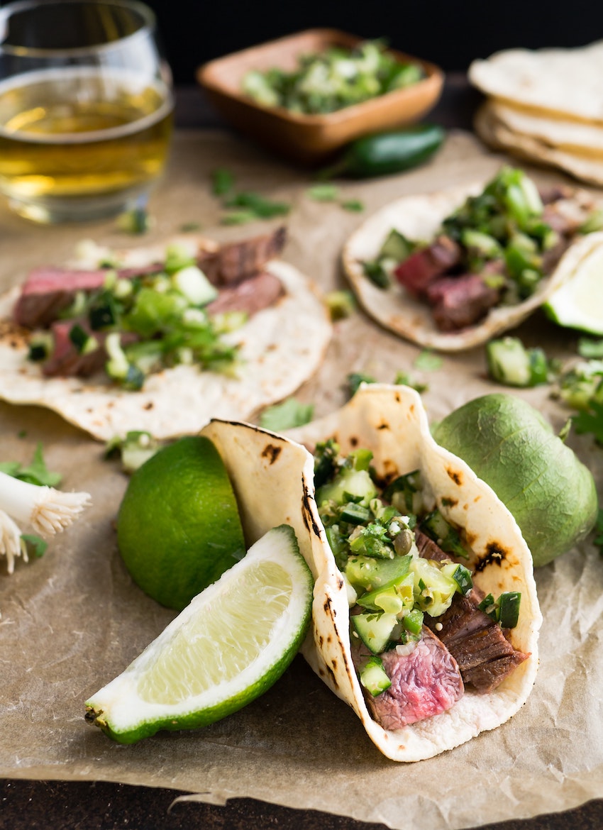 Venison steak and tomatillo salsa tacos