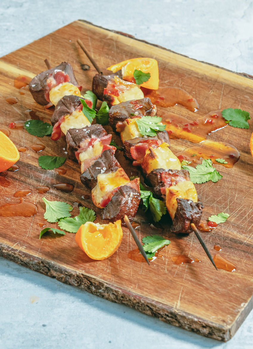 Hare and halloumi skewers