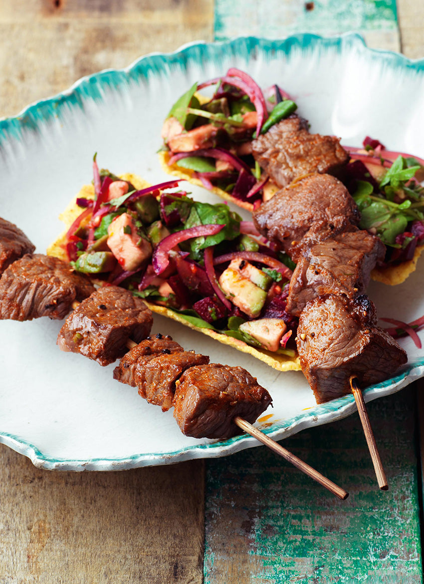 BBQ maple glazed beef kebabs with tacos