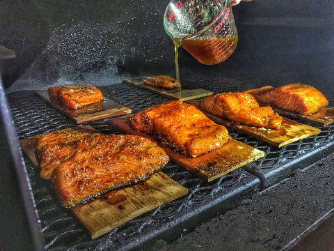 Pouring the maple syrup & butter mixture on the filets