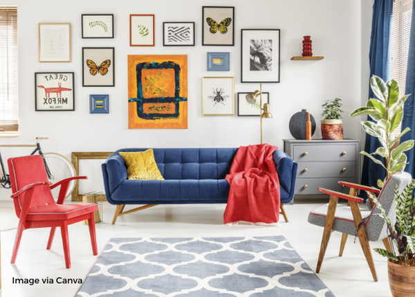 Colorful living room with blue, red, and yellow accents