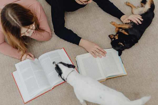 Dogs hanging out with their parents who are reading books