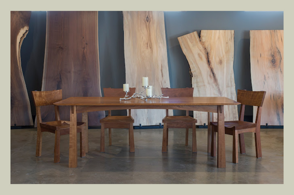 Enso dining set with solid wood slabs at the back