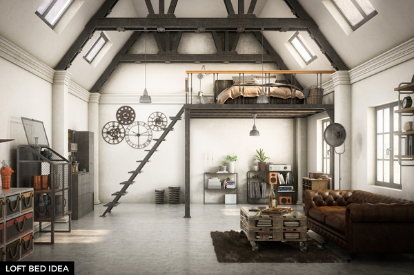 Industrial style apartment with loft bed and high ceiling
