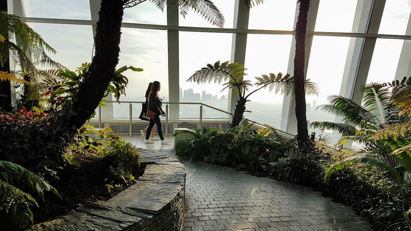 Two Women Walking Inside a Building With Garden