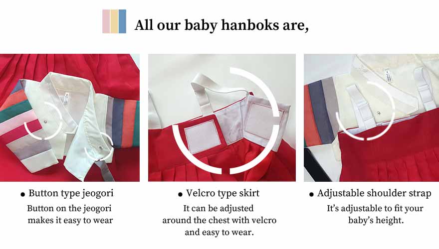 Use the multicolored sleeves to bring even more joy and fun to baby girl in her hanbok in dark red and lemon.
