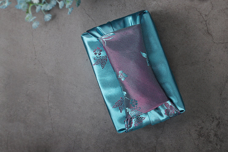 Sky blue and charcoal floral double sided Bojagi wrapping will brighten up any gift-giving situation. Any male or female that receives a gift wrapped in this classy wrapping paper will feel special and extra joyful.