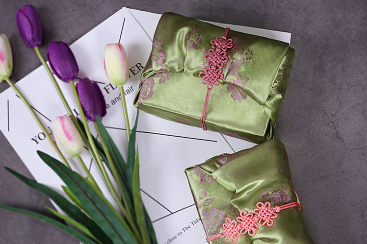 Olive and light brown floral double sided Bojagi Korean is such an exquisite way to wrap presents with fabric in the spring when the flowers are all blooming outside.