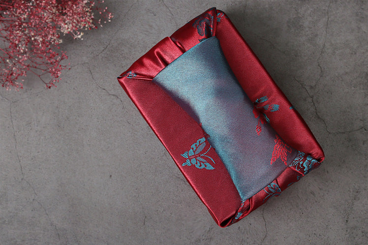 This crimson and cyan floral double sided Bojagi makes for a unique and beautiful wrapping cloth for any Korean tradition.