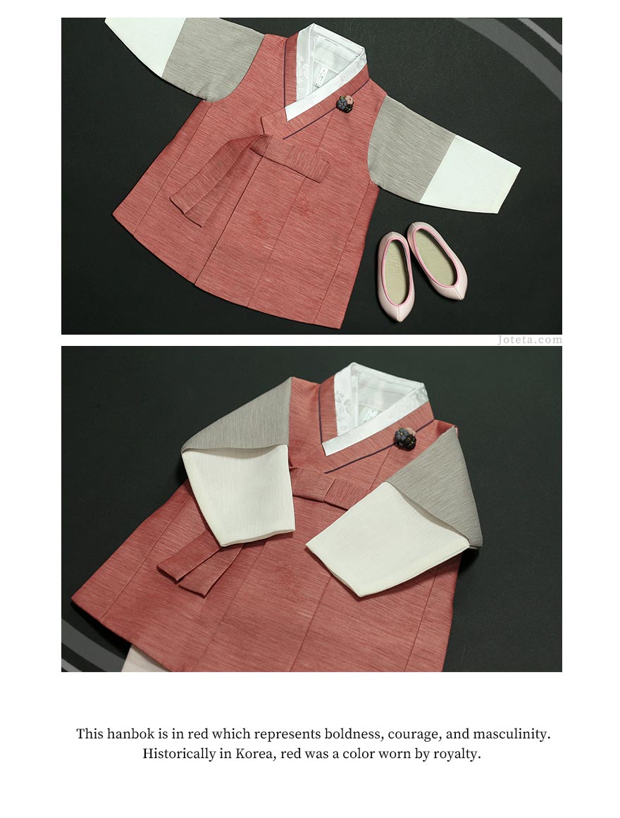 Bold Prince baby Boy Hanbok in Red is a hanbok that complements the baby with an impression of boldness and strength. The color of this red is vibrant and matches well with color of the pants. This hanbok is often looked at and receives a significant amount of attention.