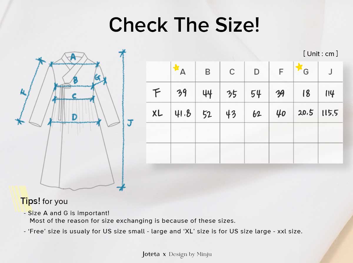 The sizing chart explains in detail which version of the navy blue and off-white modern hanbok dress fits your body type.