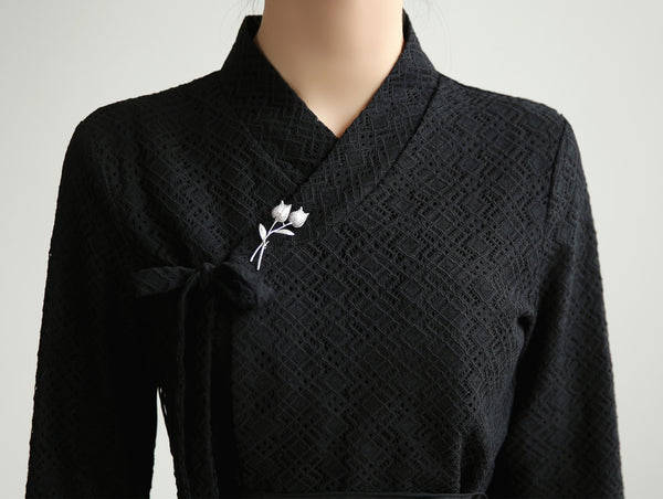 You can see the checkered pattern in this coal colored modern hanbok blouse.