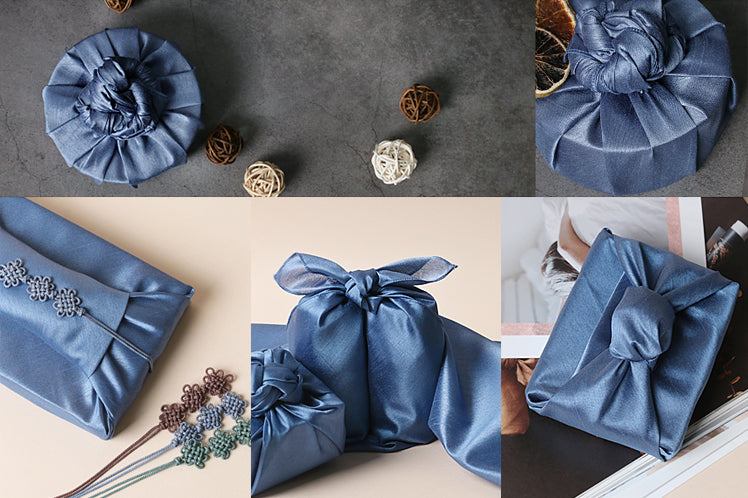 It's not difficult to wrap circular gifts if you use the navy single sided Bojagi Korean wrapping cloth.