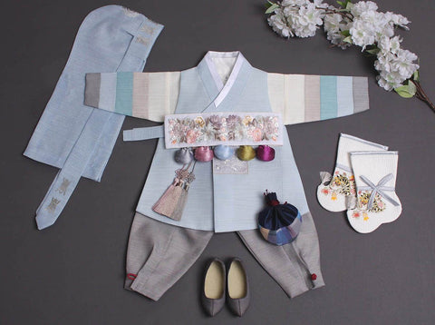 Here is a full view of what the baby boy hanbok looks like in teal blue.
