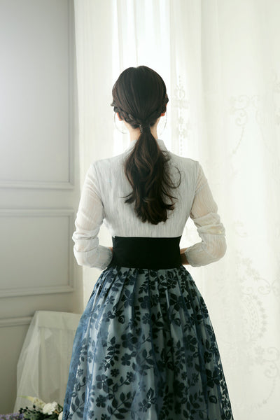 You'll love the soft and cozy feel of this smoky modern hanbok dress for sale.