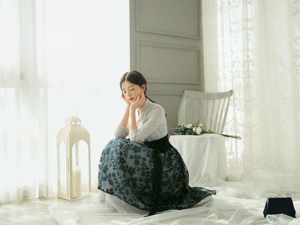 A Korean modern hanbok dress in slate is a wonderful neutral choice for practically any event or fashion style.