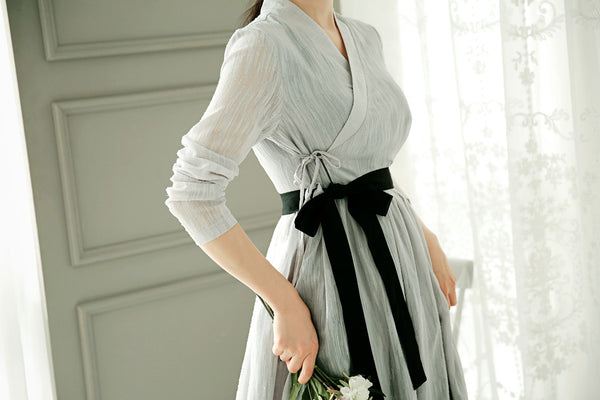 Dress up your everyday attire with this sheer silver modern hanbok dress.