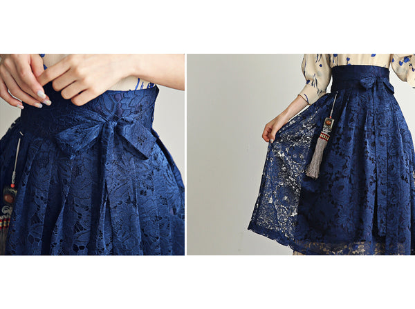 A look at the sheer deep blue coloring on this modern hanbok dress. It's ideal for spring Korean celebrations, but casual enough to wear out with friends.