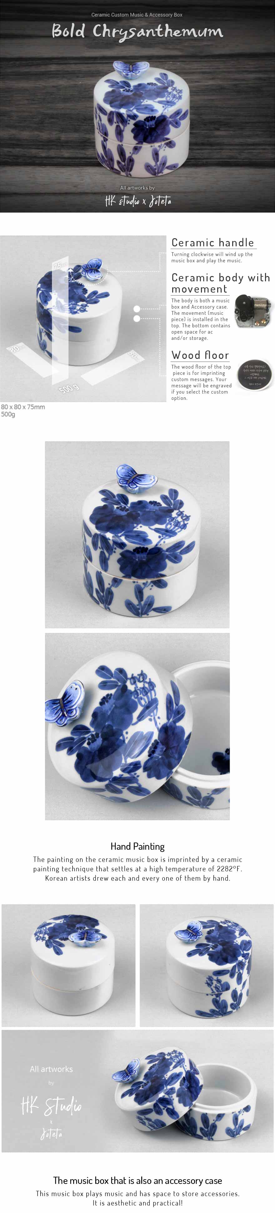 Bold Chrysanthemum Ceramic Custom Music Box that you can fully personalize by choosing your own tune and special message to engrave within the top piece of the music box.