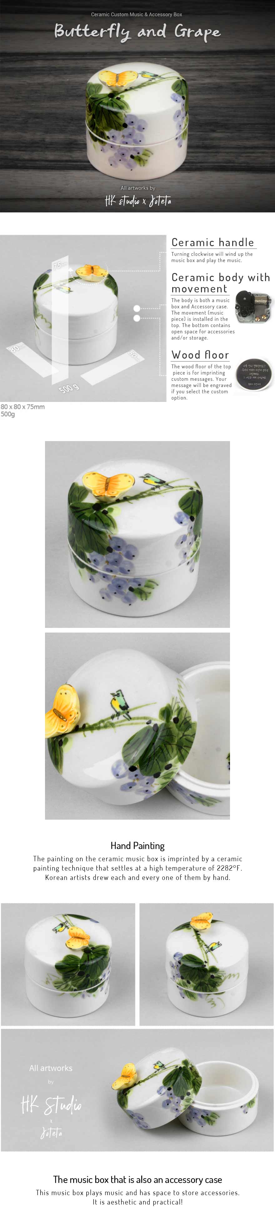 Butterfly and Grape Ceramic Custom Music Jewelry Box. Handmade by Koreans and you can customize the box by picking a song and writing your own customized message.