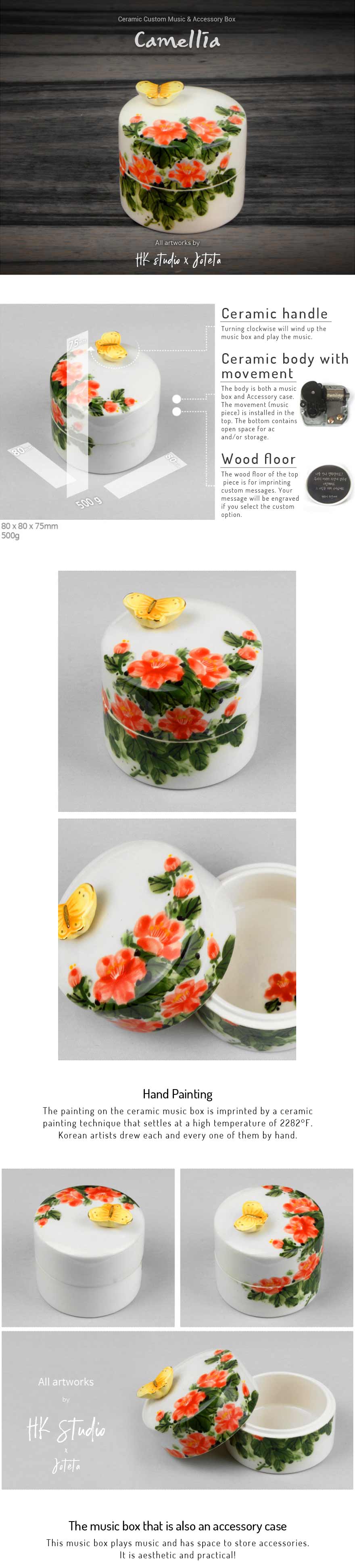 The Camellia Ceramic Custom Music Jewelry Box is authentic and Korean and offers you the ability to engrave and choose a song to personalize the box for your loved one.