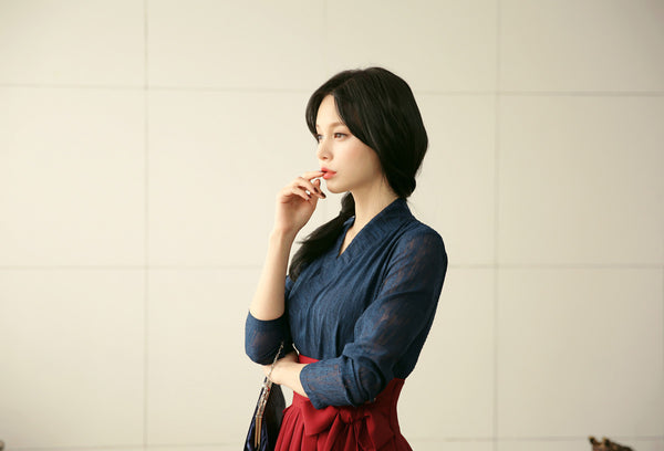 Look gorgeous and casual in this deep navy modern hanbok dress for sale on Joteta.