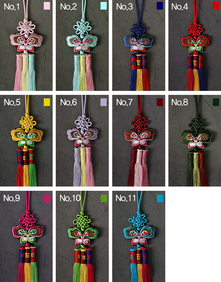 The variety of colors offered in the Cute Butterfly Trio Tassel Norigae makes it perfect for both hanbok and Bojagi.