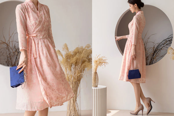 Feel womanly and pretty n this light pink flower modern hanbok dress.