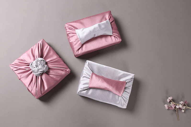 Coral and pewter Korean fabric wrapping cloth adds a heavenly touch to any present.