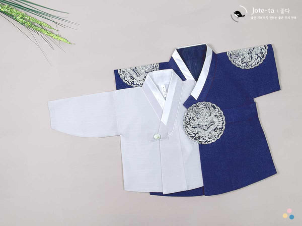 Top piece, Jeogori, of our navy blue dragon baby boy hanbok for sale