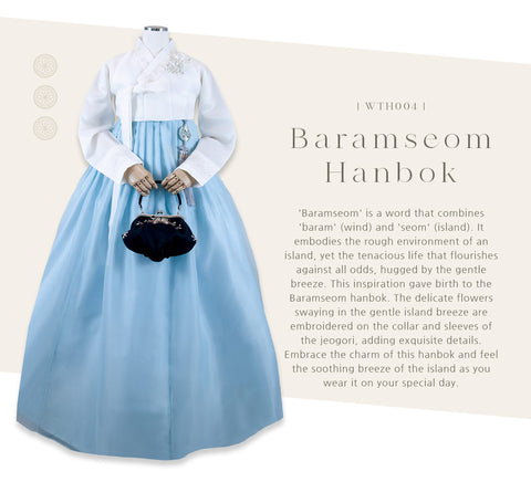 The shimmering ivory jeogori complements the sky-blue hanbok dress perfectly, creating a harmonious blend.