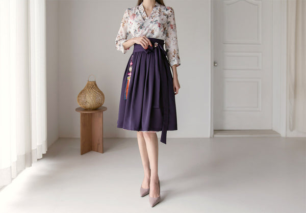 Feel womanly and empowered in this beautiful alabaster flower modern hanbok dress.