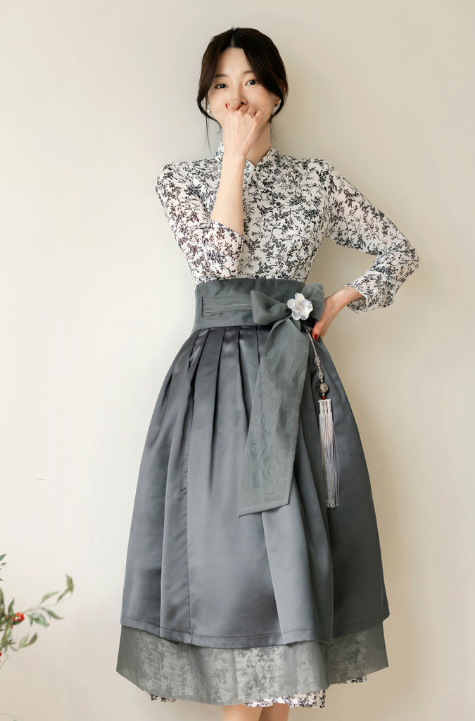 Charcoal Flower Pattern Modern Hanbok Dress in Ivory – Joteta Korean ...