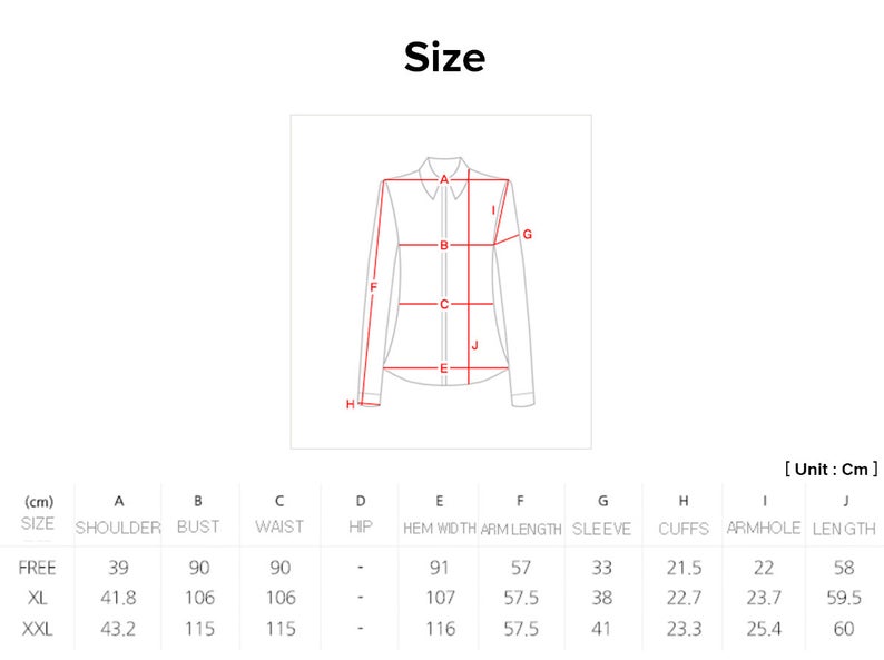 Joteta has provided a size chart so that you'll be able to pick the frill modern hanbok blouse that matches your own size.