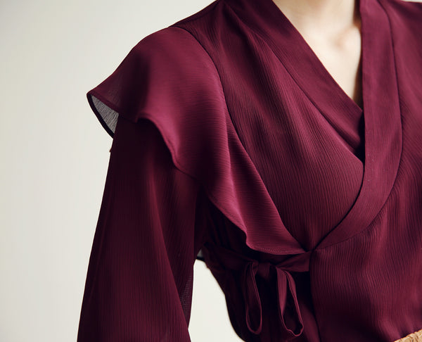 Look pretty and also timeless in this dark red frill modern hanbok blouse.