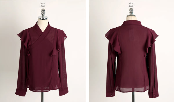 You can see just how amazing and beautiful this dark red modern frill hanbok blouse is with this full frontal view.