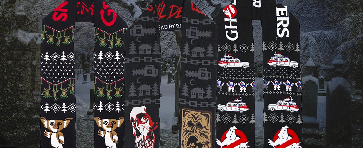 horror movie themed scarves gremlins, ghostbusters, necronomicon