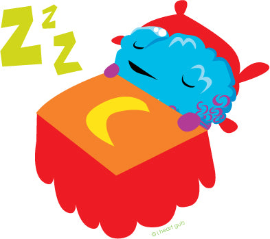 Doodle of blue brain organ with face napping in a red and orange bed with green Z's drifting from its mouth.