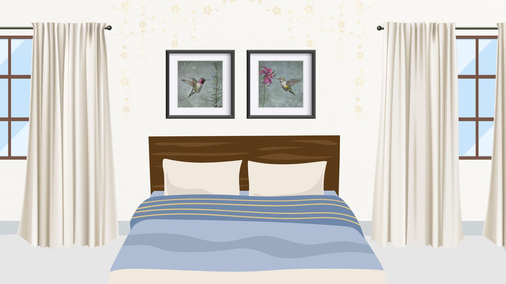 prints on bedroom wall