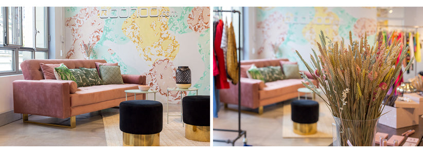 RackBuddy Boohoo lounge area for clients and influencers- cosy and colorful