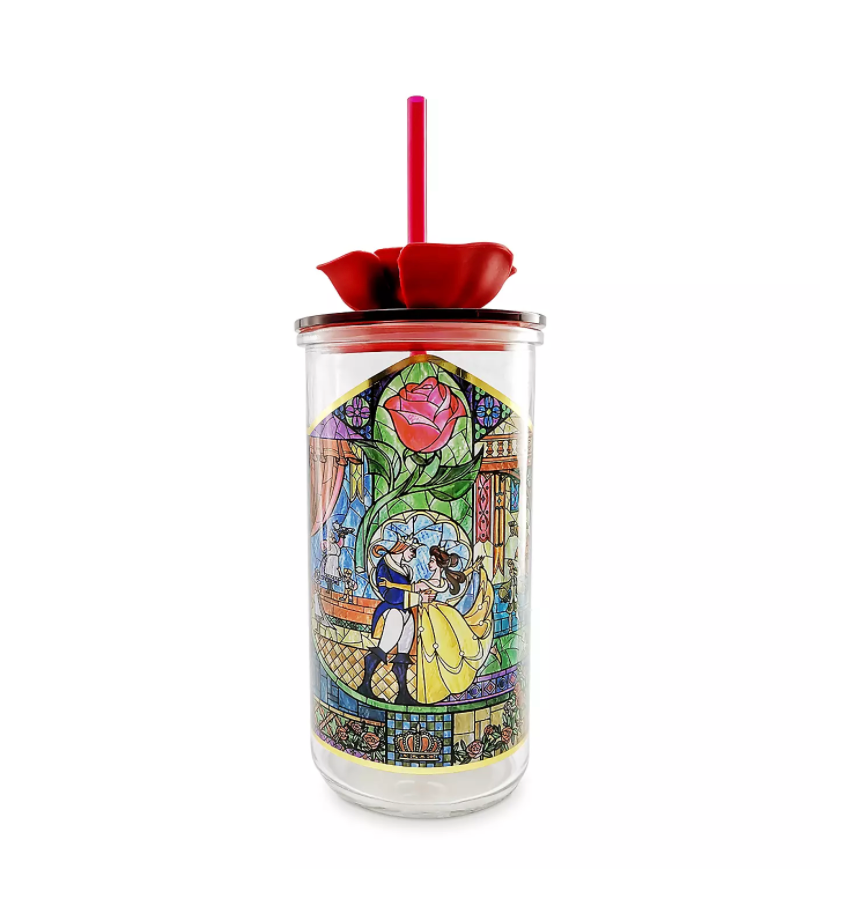 Disney Beauty And The Beast Rose Stained Glass Tumbler With Straw New I Love Characters